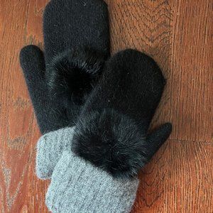 Fadivo New York Black Warm Faux Fur Detail Winter Warmer Mittens One Size
